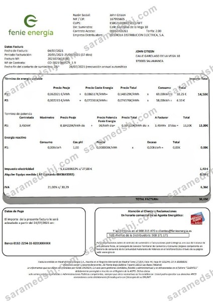 Spain Feníe Energía utility bill template in Word and PDF format